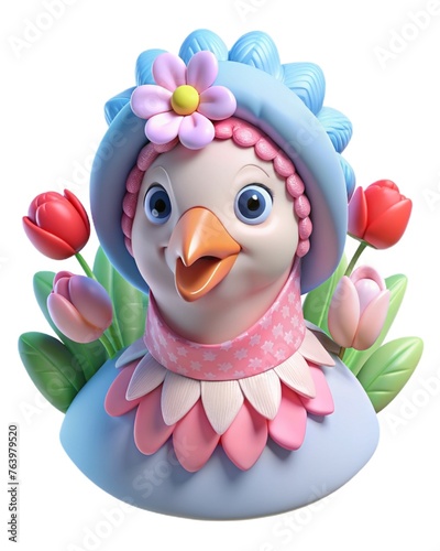 A three-dimensional portrait of a hen in vintage clothes and a hat framed by spring flowers. photo