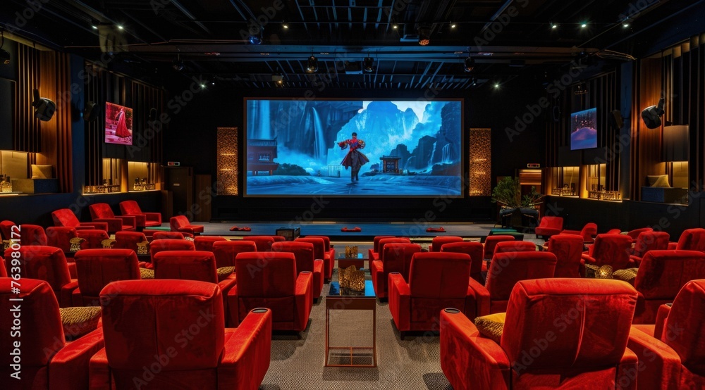 A cinema with rows of seats and a large screen showing a movie, an entertainment concept.