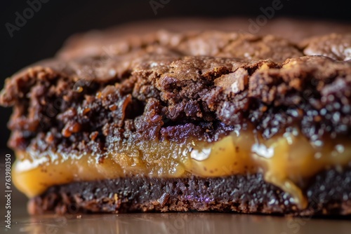Chocolate brownie with caramel filling  dessert  confectionery concept.
