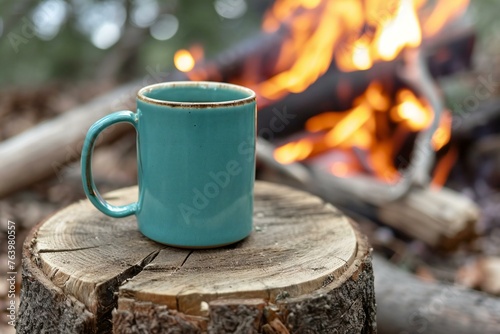 Blue cup of coffee on a log in front of a campfire