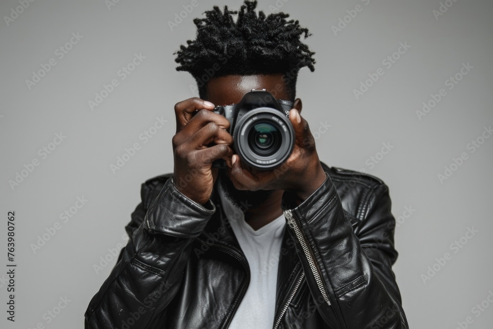 Handsome black man with afro hair holding a camera, world photography day concept. Handsome black man with afro hair holding a camera, world photography day concept.