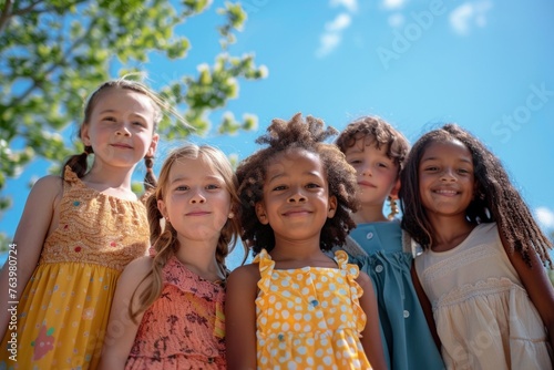 A group of multiethnic children together in the park, Children's Day. photo
