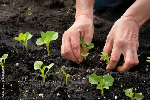 pair of hands planting seedlings in wet soil
