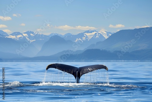 whale tail fluke visible with mountains backdrop