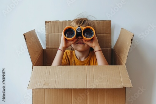 Child playing with binoculars inside a cardboard box, concept of Children's Day and fun.