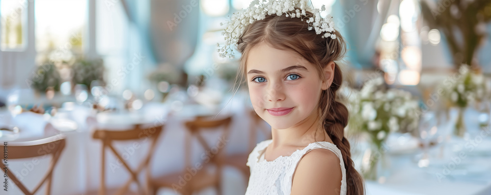 Beautiful young girl in white dress in restaurant celebrating her First  Holy Communion. Banner with copyspace. Shallow depth of field. - obrazy, fototapety, plakaty 