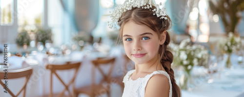 Beautiful young girl in white dress in restaurant celebrating her First  Holy Communion. Banner with copyspace. Shallow depth of field. photo