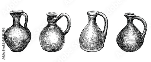 Clay pots, jugs, kitchenware for drinks, retro, rustic, vector hand drawn illustrations isolated on white