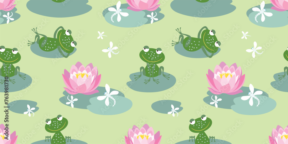Frogs cartoon cheerful funny, flying dragonflies on green blooming pond, pink water lilies, seamless pattern, vector background,wallpaper,paper Frogs cartoon cheerful funny, flying dragonflies on green blooming pond, pink water lilies, seamless pattern, vector background,wallpaper,paper