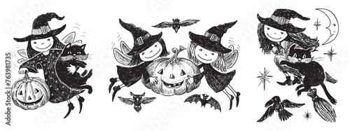 Halloween witches elves girls pumpkin black cat hat crow owl bat flying broom, cartoon characters, vector hand drawings isolated on white
