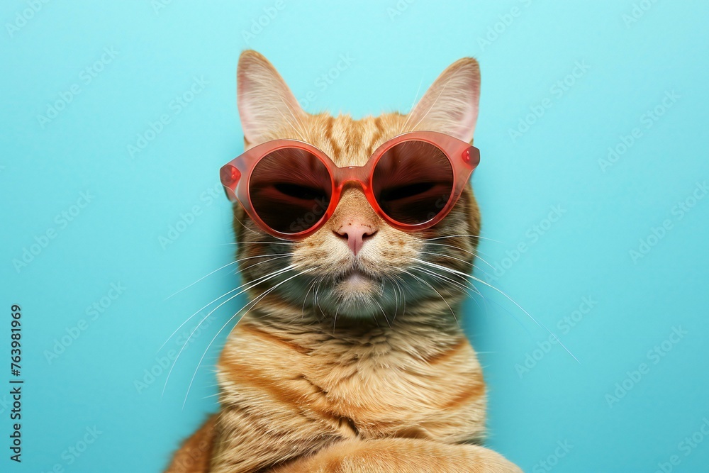 Funny cat wearing red sunglasses on blue background, closeup view