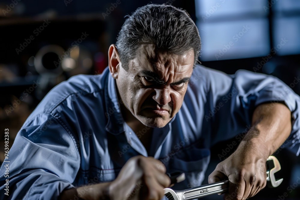 mechanic with wrench, leaning forward, scowling mechanic with wrench, leaning forward, scowling