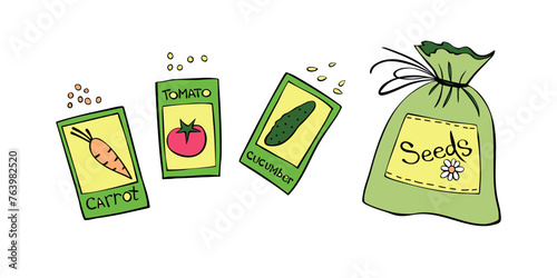 Set pouch of seeds. Vector hand drawn colorful illustration, clip art in doodle flat style. Theme of gardening farming agriculture