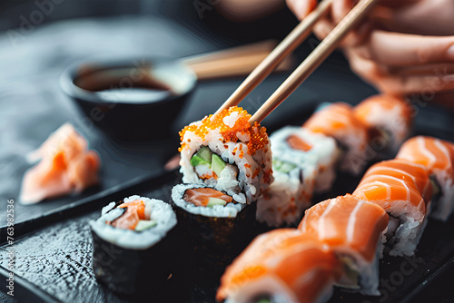 A person eating sushi with chopsticks. Seafood. Closeup macro shot.