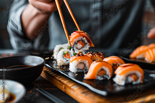 A person eating sushi with chopsticks. Seafood. Closeup macro shot.