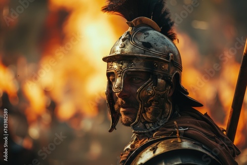 Roman soldier with helmet, battlefield in the background on fire. photo