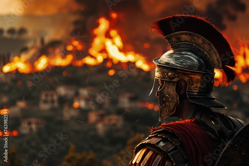 Roman soldier with helmet, battlefield in the background on fire.