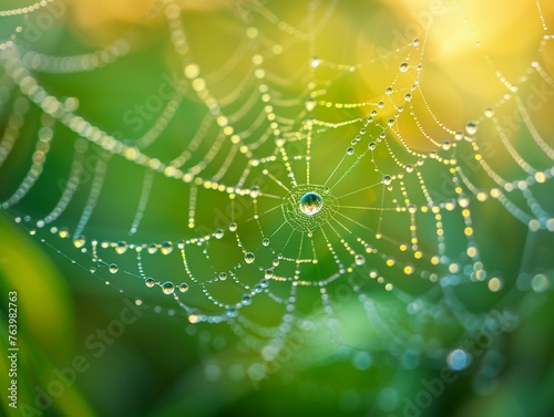 Raindrops on a spiders web, a metaphor for the interconnectedness and vulnerability of life on Earth , vibrant