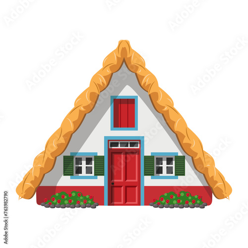 Vector illustration of a traditional Madeira thatched roof house in cartoon style isolated on white background. Traditional Houses of the World Series