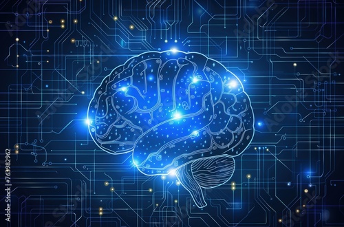 Digital brain on glowing circuit board, concept of artificial intelligence and technology.