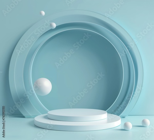 A blue background with white spheres and a white circular platform