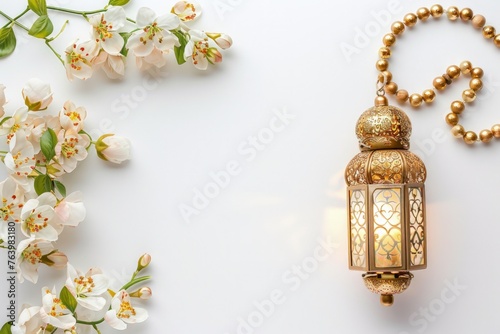 Golden lantern with wooden rosary and flowers, Eid-al-Adha, the Feast of Sacrifice.