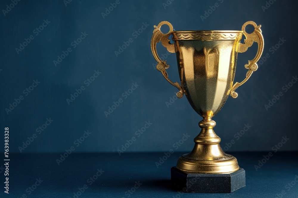 Golden trophy on dark blue background, sports, business and competition concept. Golden trophy on dark blue background, sports, business and competition concept.