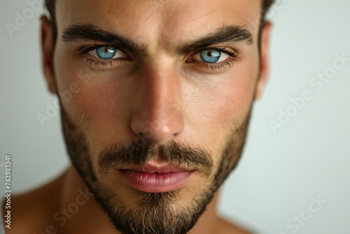 Close-up portrait of a handsome young man with beard and mustache