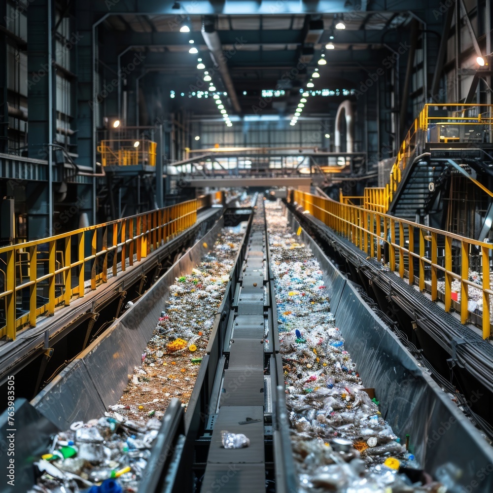 A state-of-the-art recycling plant with conveyor belts transporting large amounts of waste materials, symbolizing advanced waste processing capabilities.