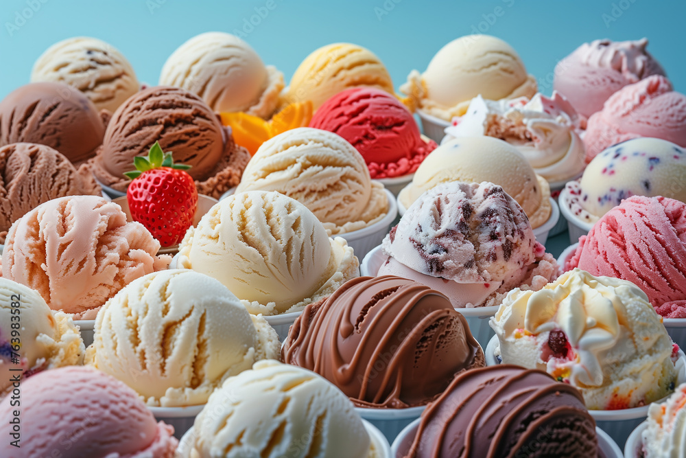 Large assortment of italian ice cream on isolated pastel blue background