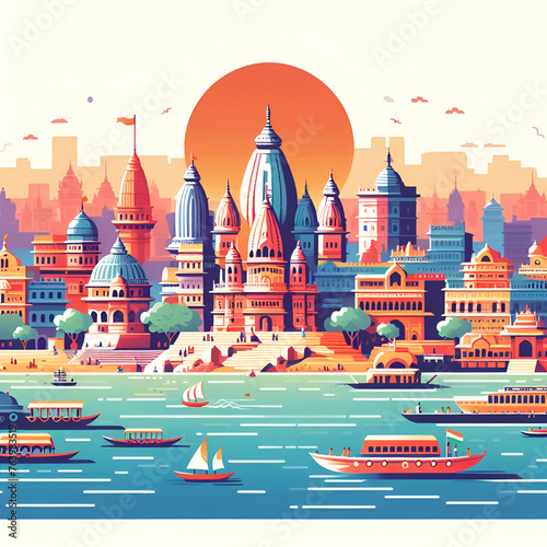 A flat vector skyline illustration of Varanasi city in India. Beautiful colourful illustration