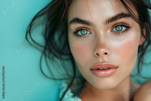 Professional Makeup Look in Pale Mint Colors with Copy Space. Concept Makeup Inspiration, Pale Mint Colors, Professional Look, Copy Space, Beauty Photography