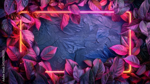 Colorful Leaves in Neon Light Frame