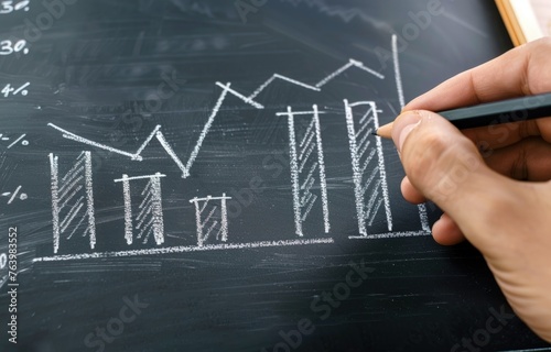 Blackboard with hand drawn bar graph, concept of business, stock market, data visualization.