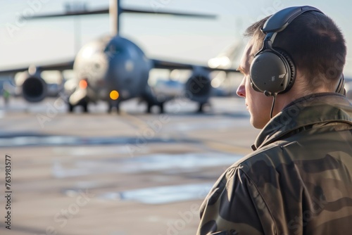 pilot with earmuffs on the tarmac with plane engines running