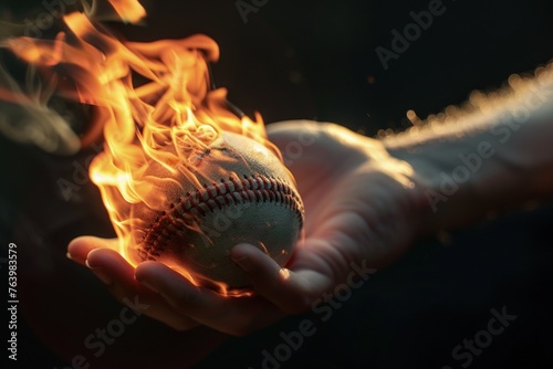 Hand holding a burning baseball ball, sports and leisure concept, black background.