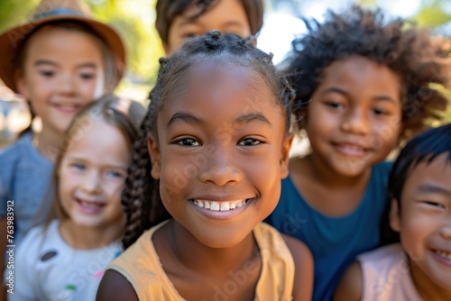 Happy multiethnic children at school together  children s day concept.