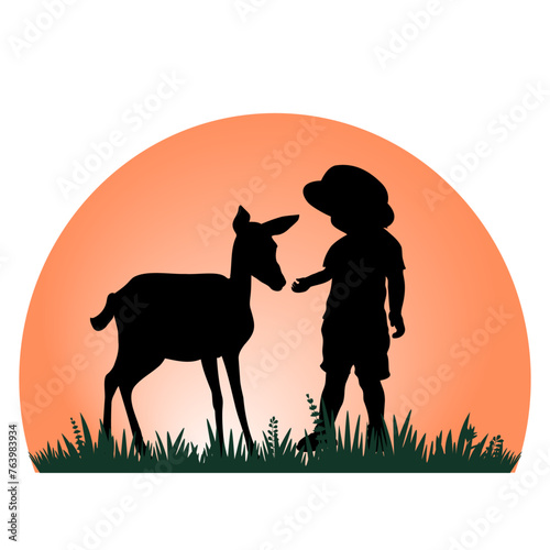 Children and pets silhouettes on yellow background. Little girl feeding young deer . Vector illustration.