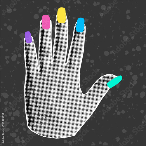 Halftone collage of a woman's hand with multicolored rainbow nails on a dark textured background. Bright colored manicure, doodle elements.