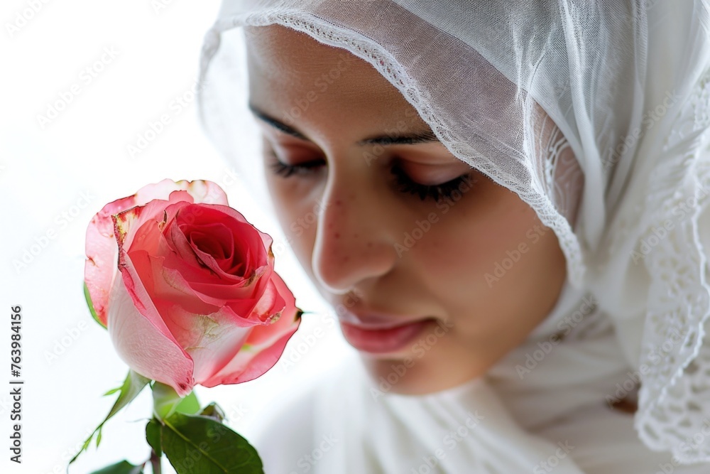 Muslim woman holding a rose, concept of Eid-al-Adha, the feast of sacrifice. Muslim woman holding a rose, concept of Eid-al-Adha, the feast of sacrifice.