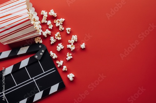 Red background with a clapper board and popcorn, cinema concept.