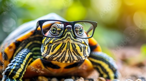 Charming little green turtle sporting stylish glasses against studio background, cute pet concept