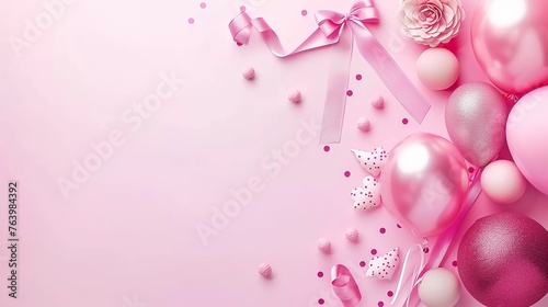 Pink birthday background with balloons and bows,empty space in the center of the frame.