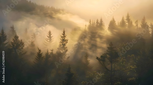 Misty Forest at Sunrise - Ethereal Landscape with Sunlight Piercing Through