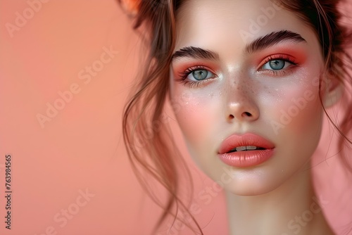 Professional Makeup in Light Peach Colors for a Woman with Copy Space. Concept Makeup, Light Peach, Professional, Woman, Copy Space