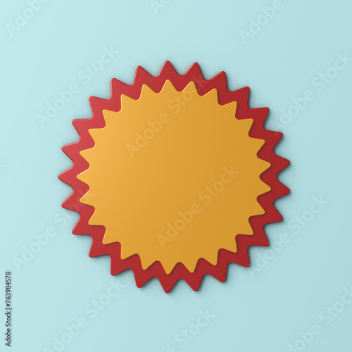 Blank minimal 3d red yellow starburst sticker sign banner product tag label isolated on blue pastel color or cyan background with shadow minimal creative idea conceptual 3D rendering