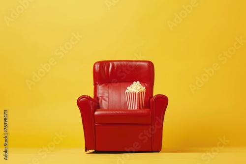 Red cinema armchair and bucket with popcorn, leisure and cinema concept, yellow background. © Deivison