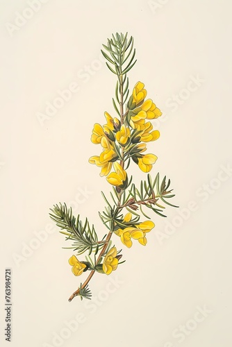 Classic colored pencil of gorse plant , botanical painting on plain background,  Artwork for wall art illustration and home decor, digital art