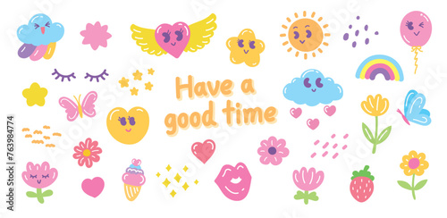 cute trendy and fashionable hand drawn cartoon and graphic element vector set in happy or good time concept
