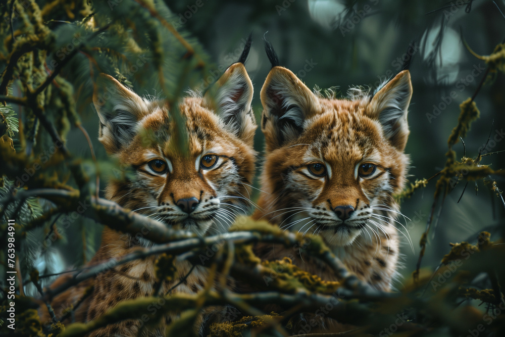 Two Eurasian lynx rest together on a thick branch Two Eurasian lynx rest together on a thick branch